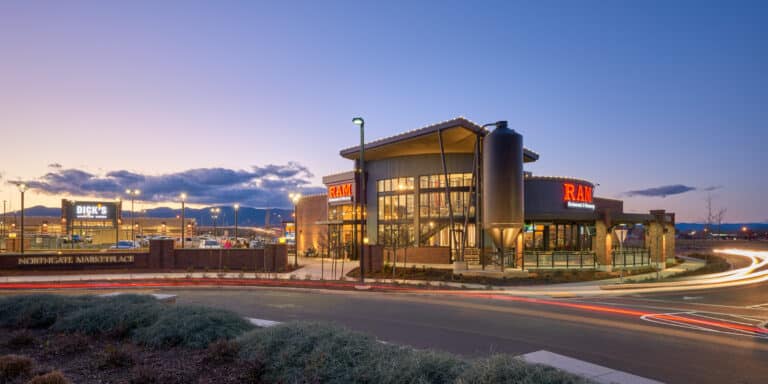 A wide-angle shot of a larger retail complex.