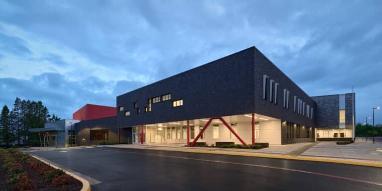 A wide-angle shot of a modern building constructed by Robinson Construction co.