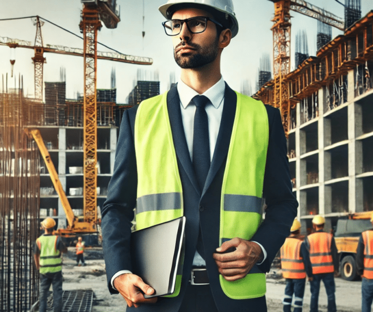A professional construction manager wearing a hard hat and safety vest, holding a tablet, overseeing a construction site with workers and cranes in the background.